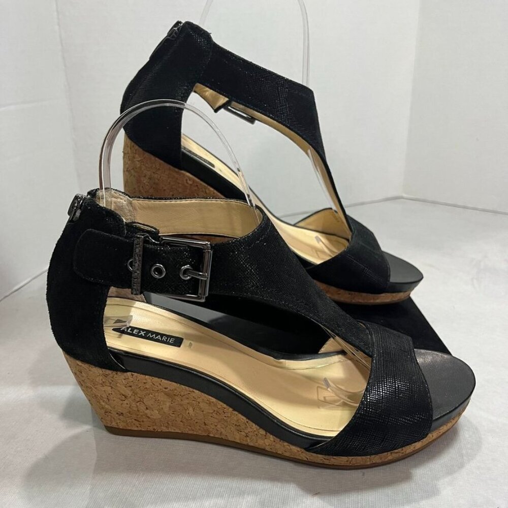 Alex Marie Leather T-Strap Cork Wedge Sandals Black Back Zip Women’s 7.5M